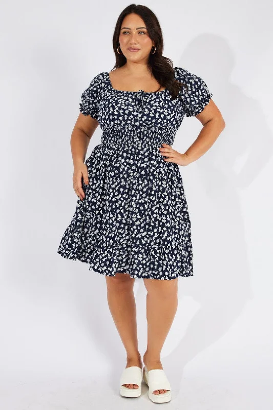 Blue Ditsy Fit And Flare Dress Short Sleeve