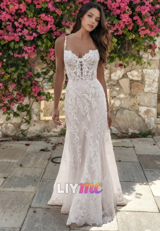 LW313 - Plunging Illusion V Neck Lace Appliques Mermaid Wedding Dress