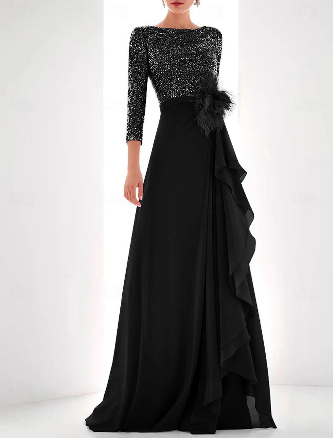 Gown Elegant Formal Asymmetrical Long Sleeve High Neck Chiffon with Feather Pearls Sequin Evening Dress