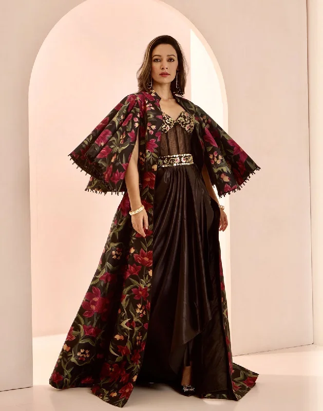 Elegant Fusion Black Silk Floral Jacket with Hand-Embroidered Corset Drape Gown