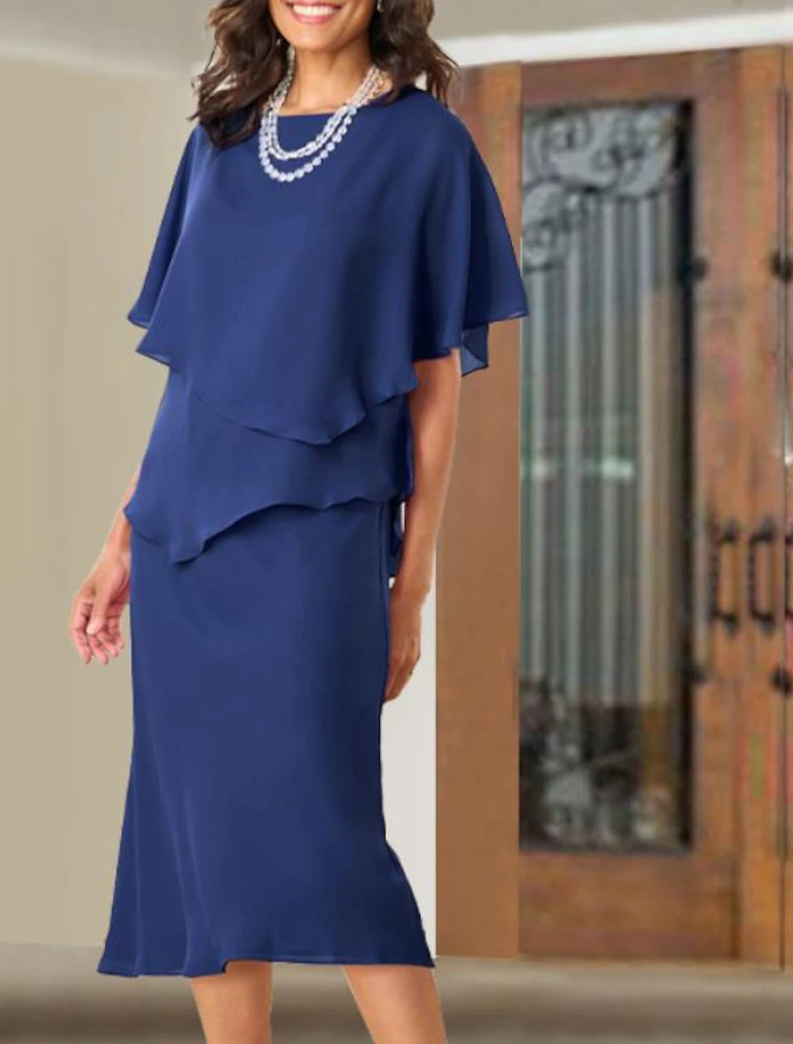 A-Line Mother of the Bride Dress Wedding Guest Plus Size Elegant Jewel Neck Tea Length Chiffon Short Sleeve with Ruffles Fall