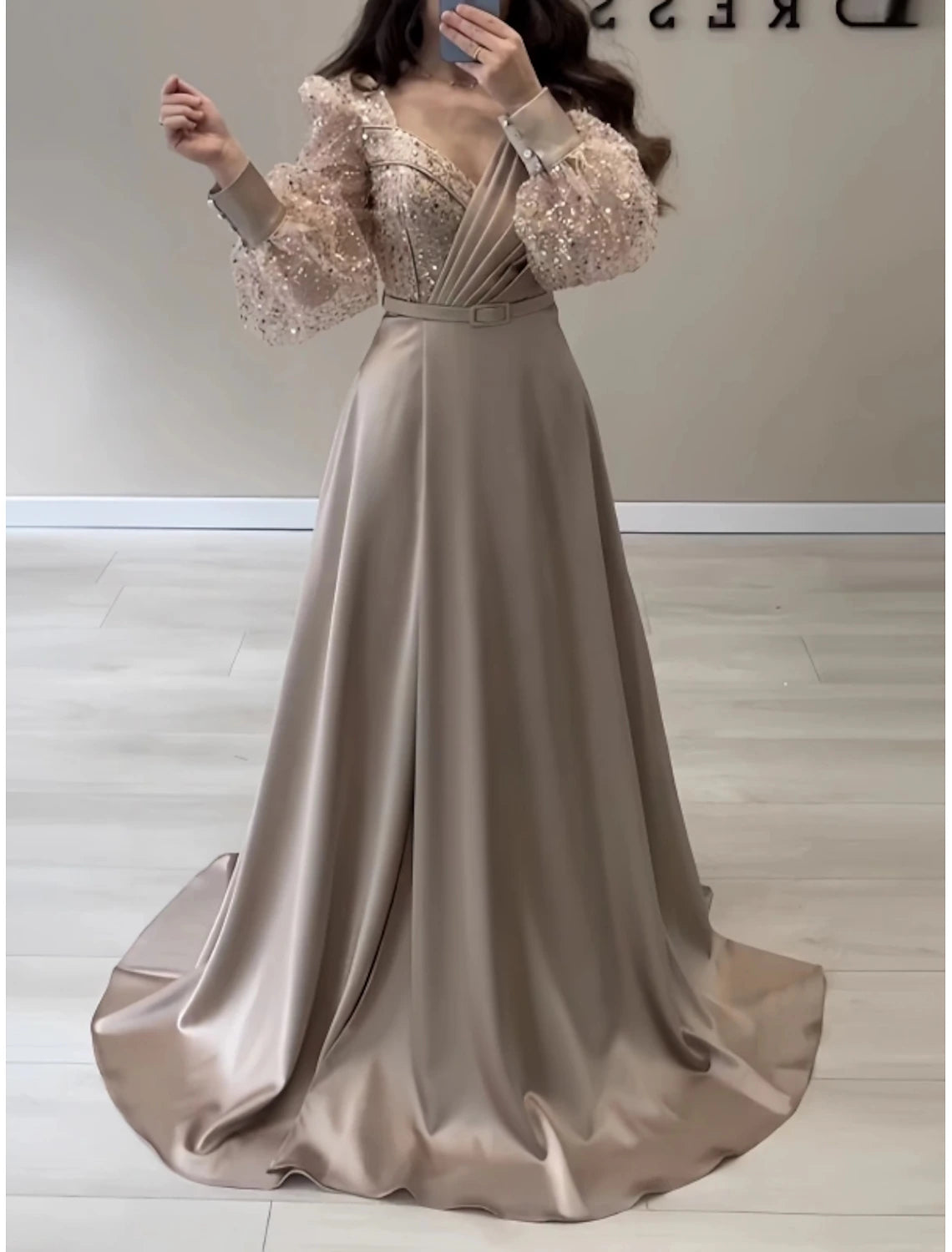 Formal Fall Brush Train Long Sleeve V Neck Satin with Glitter Pleats Evening Gown Elegant Dress