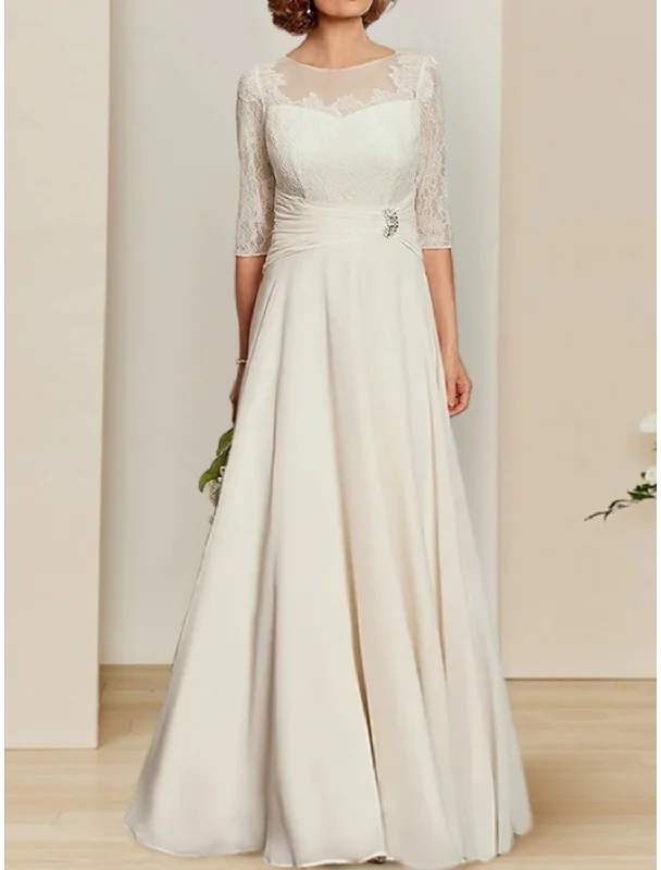 Sheath / Column Mother of the Bride Dress Wedding Guest Vintage Elegant Scoop Neck Floor Length Chiffon Lace Half Sleeve with Pleats Crystal Brooch