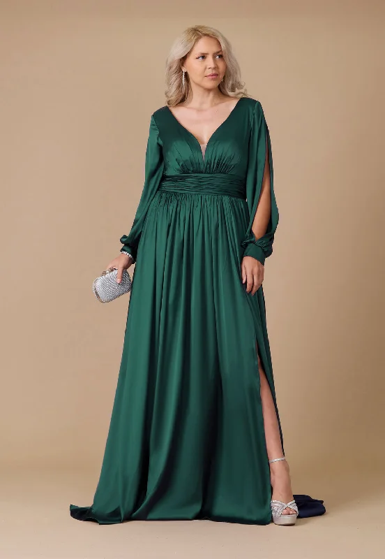 Long Open Sleeve Satin Formal Evening Dress Emerald