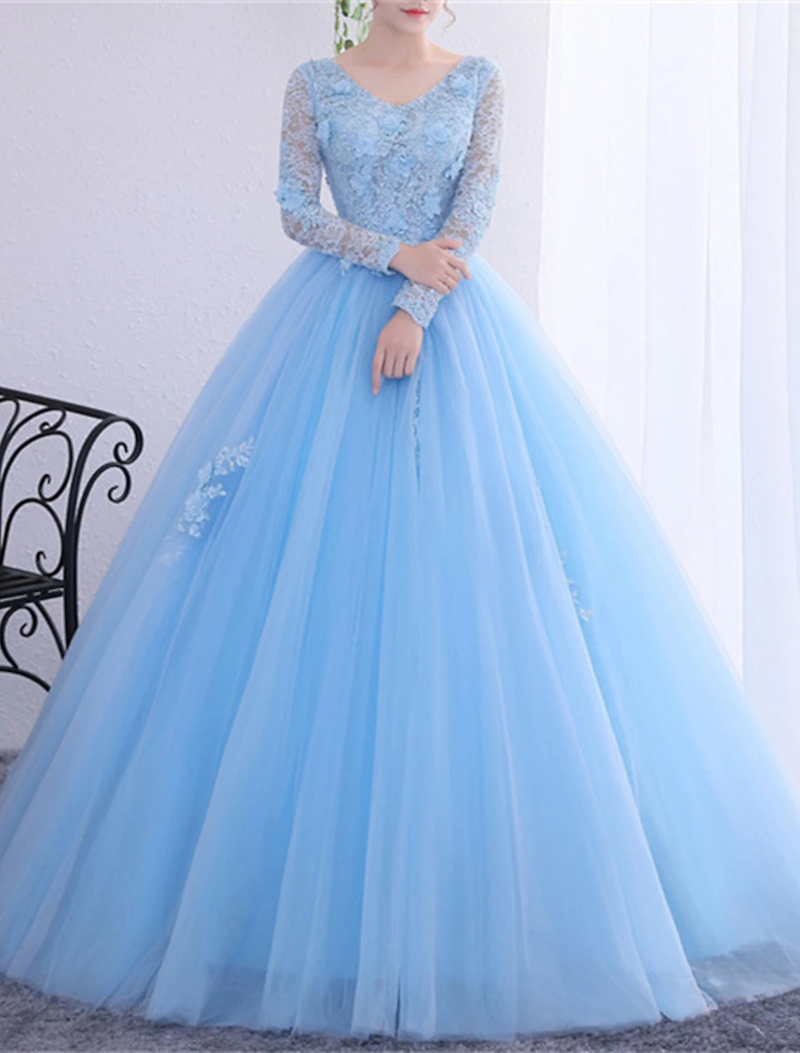 Ball Gown Quinceanera Dresses Princess Dress Performance Quinceanera Floor Length Long Sleeve V Neck Polyester with Crystals Appliques