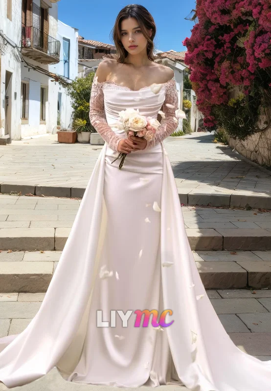 Off-Shoulder Appliques Long Sleeves Sleek Satin Mermaid Wedding Dress