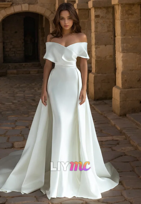 LW512 - Sheath Off Shoulder Draped Floor-Length Boho Wedding Dress with Overlay