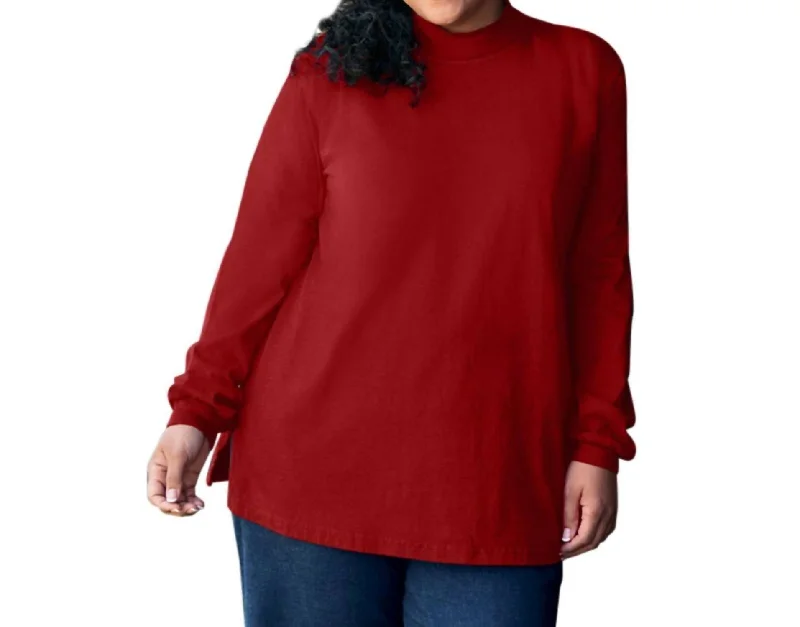 Cotton Jersey Mock Long Sleeve Top - Plus In Red