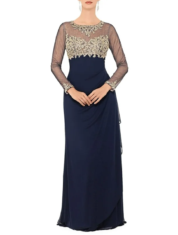 Sheath / Column Mother of the Bride Dress Elegant & Luxurious Jewel Neck Floor Length Chiffon Long Sleeve with Beading Appliques