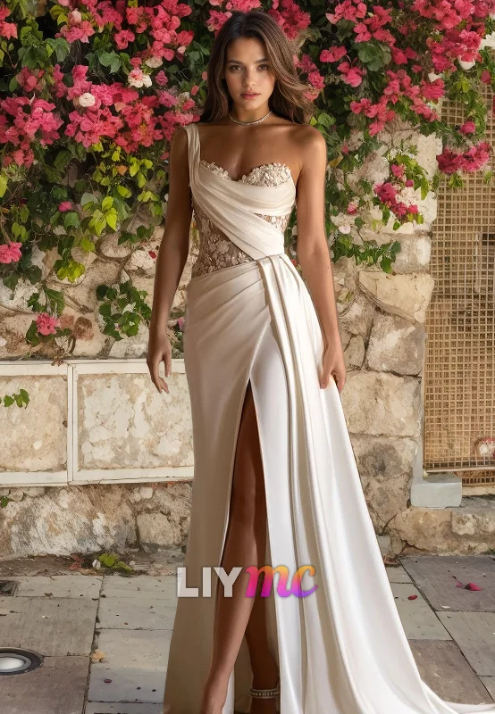 Asymmetrical Sleeveless Appliques Pleated High Slit Boho Wedding Dress