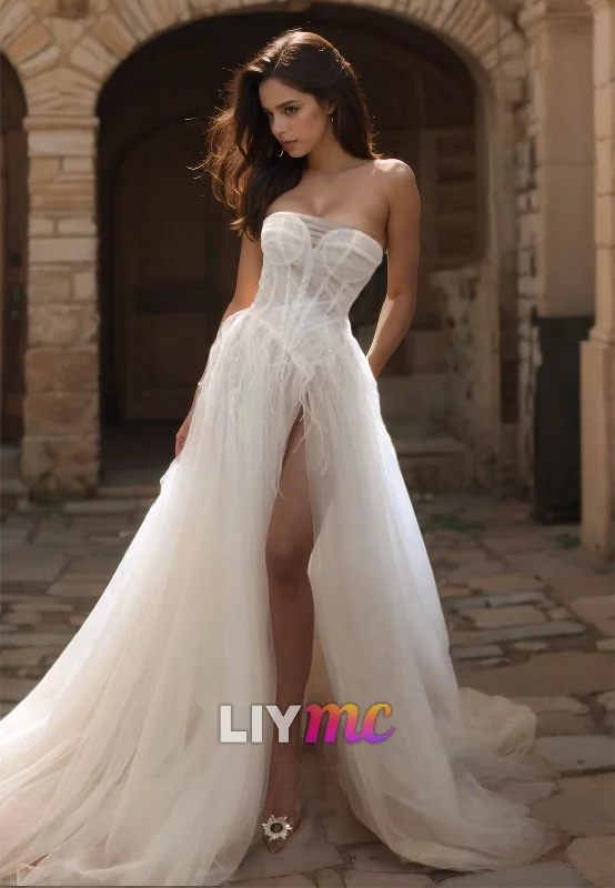 LW132 - A Line Strapless Sheer Pleated Tulle Feather Long Wedding Dress With Side Slit