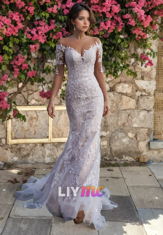 Off-Shoulder Half Sleeves Appliques Mermaid Wedding Dres