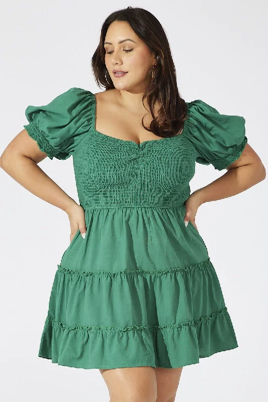 Green Fit And Flare Dress Short Sleeve Shirred