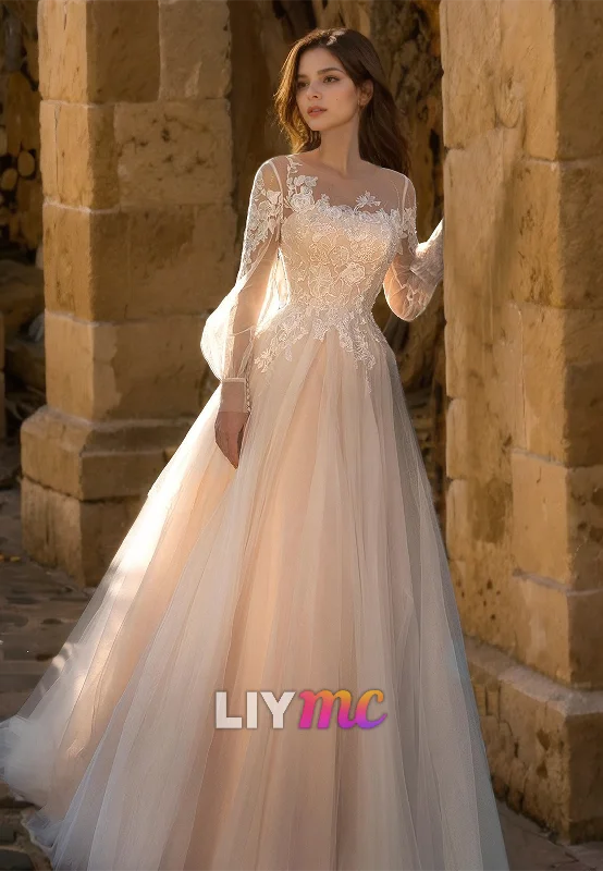 Scoop Long Sleeves Lace Appliques Ball Gown Elegant Wedding Dress