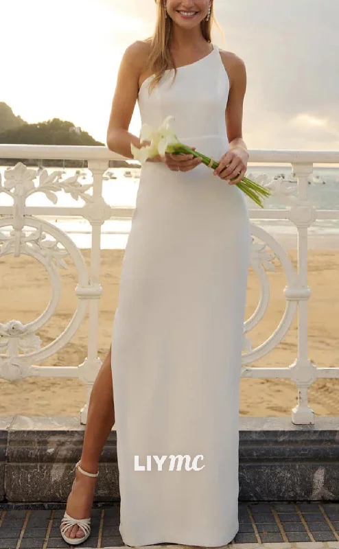 LW944 - Asymmetrical Sleeveless Sleek Satin Side Slit Beach Wedding Dress