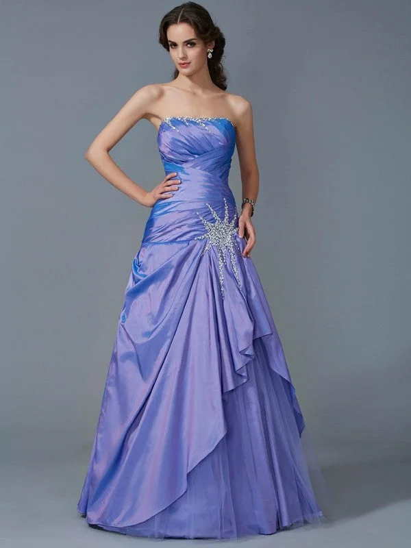 Ball Gown Strapless Sleeveless Beading Long Taffeta Quinceanera Dresses