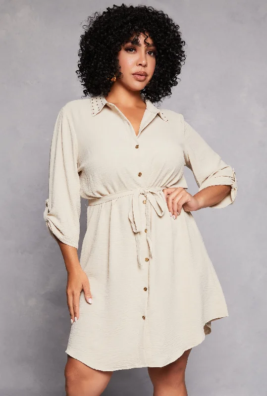 Plus Size Studded Collar Shirt Dress