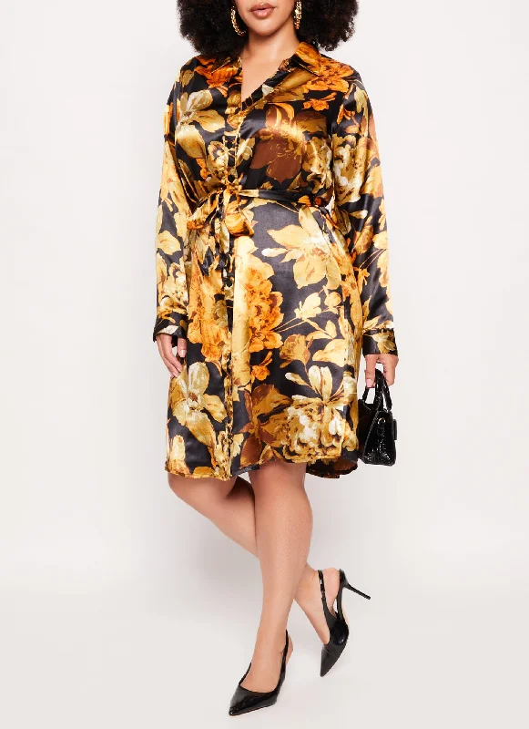 Plus Size Satin Floral Print Shirt Dress