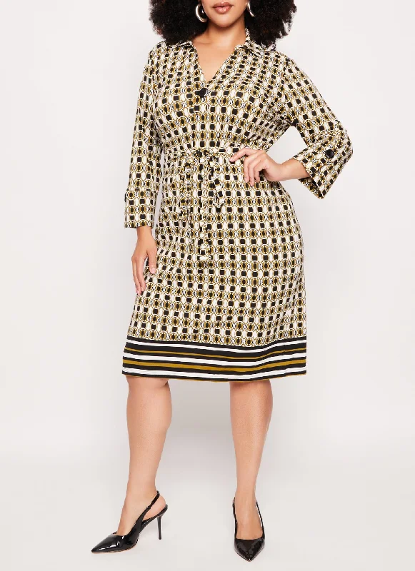 Plus Size Crepe Knit Scarf Print Shirt Dress