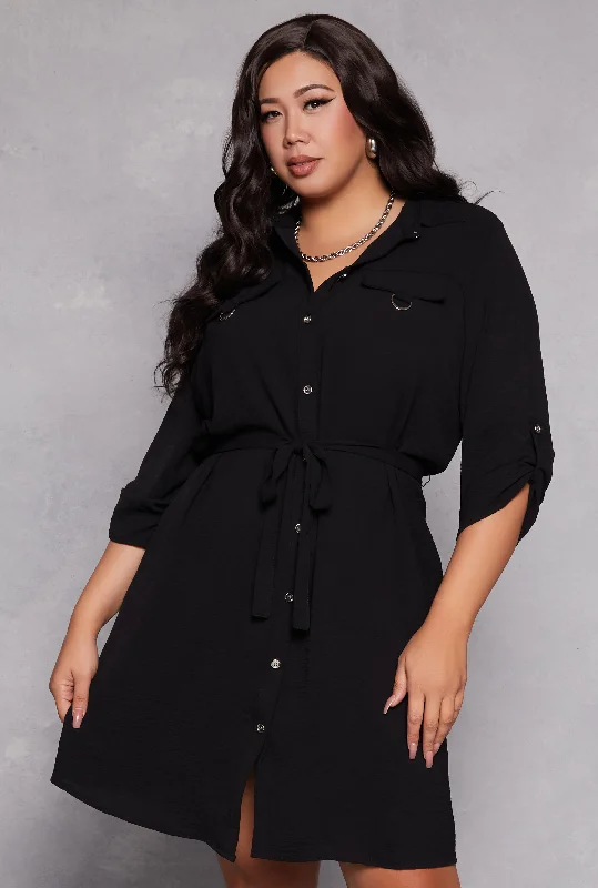 Plus Size Crepe Knit Tie Waist Shirt Dress