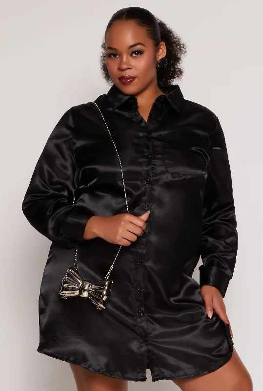 Plus Size Satin Button Front Shirt Dress