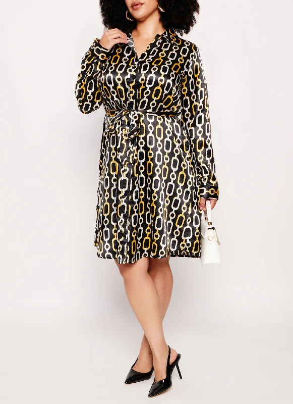 Plus Size Satin Chain Print Button Front Shirt Dress