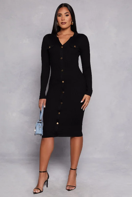 Ribbed Knit Button Detail Sweater Dress