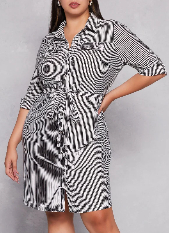 Plus Size Striped Button Front Belted Shirt Dress