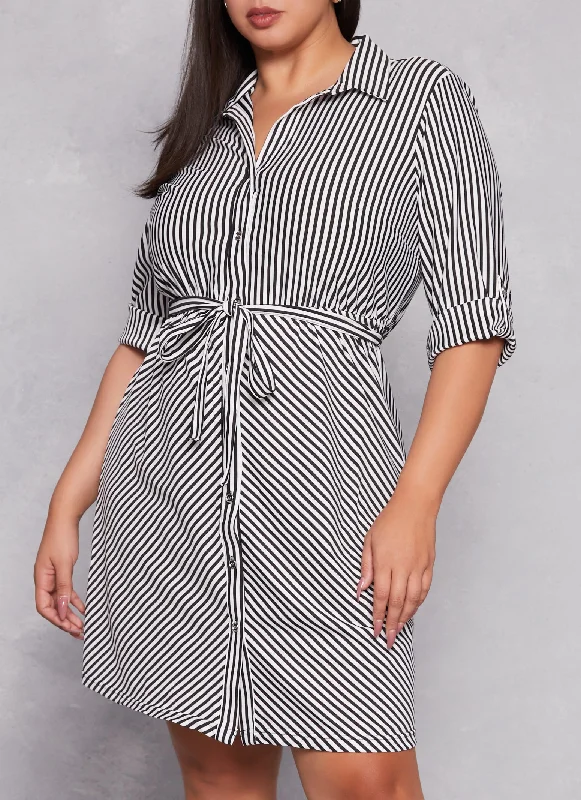 Plus Size Striped Button Front Tabbed Sleeve Shirt Dress