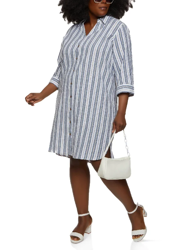 Plus Size Stripe Button Front Shirt Dress