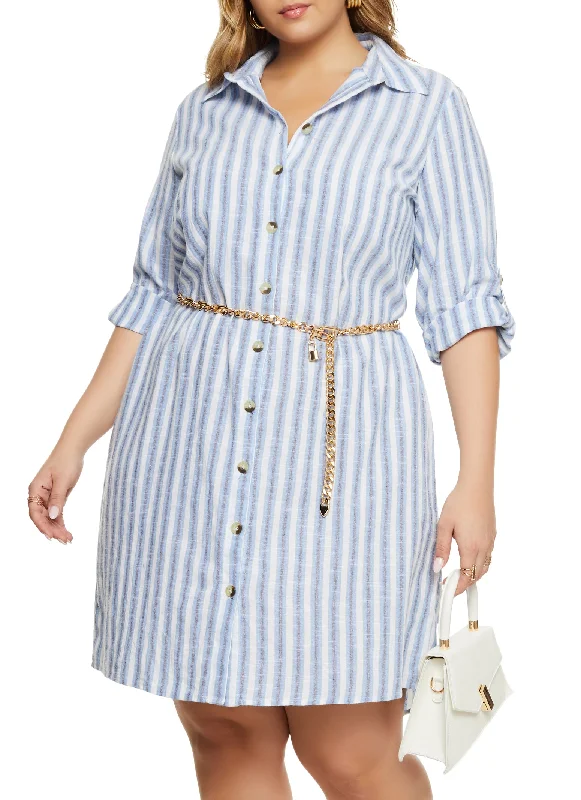 Plus Size Striped Tabbed Sleeve Shirt Dress