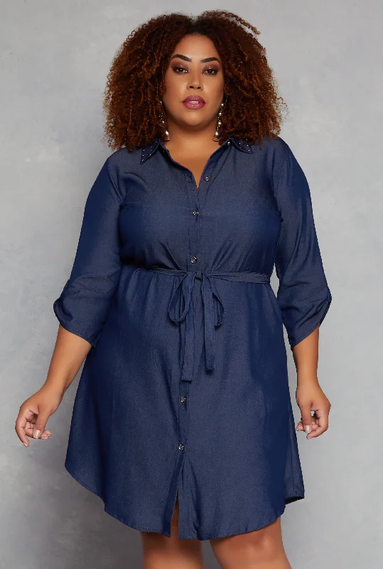 Plus Size Studded Collar Button Front Shirt Dress