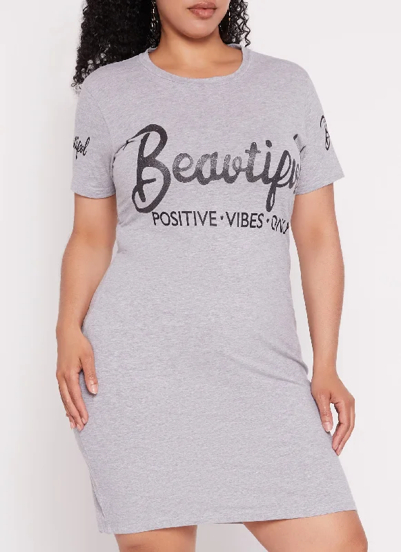 Plus Size Beautiful Positive Vibes Only Graphic T Shirt Dress