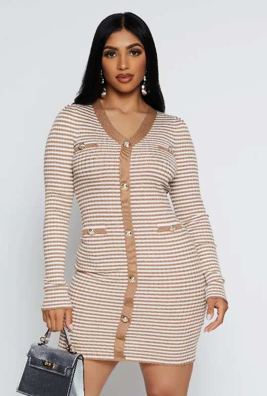 Striped Ribbed Knit Button Detail Dress