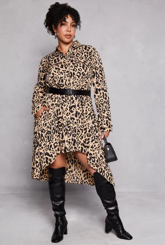 Plus Size Animal Print Button Front Shirt Dress