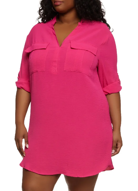 Plus Size Flap Pocket Tabbed Sleeve Shirt Dress