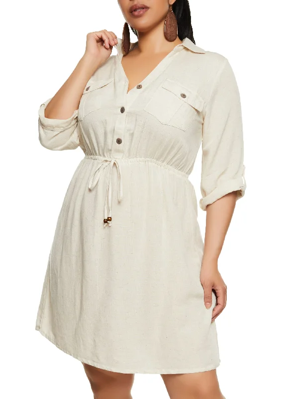 Plus Size Linen Elastic Waist Shirt Dress