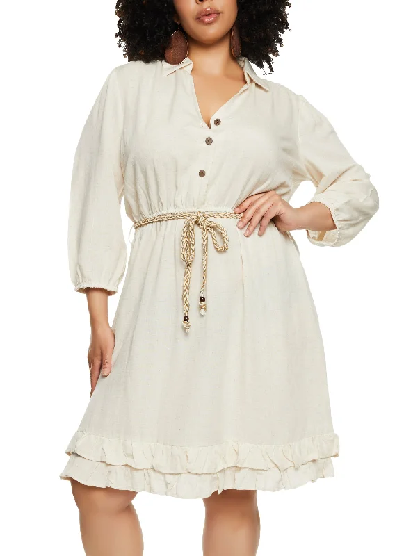 Plus Size Linen Rope Belt Shirt Dress