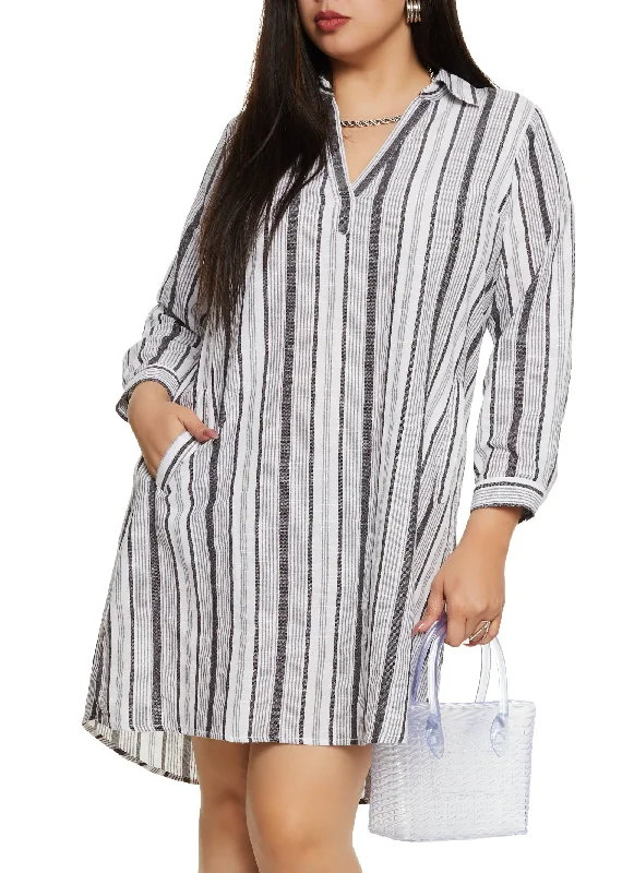 Plus Size Lurex Striped Linen Shirt Dress