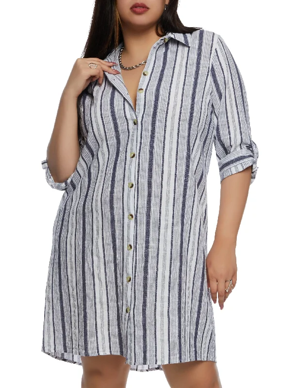 Plus Size Striped Button Down Shirt Dress