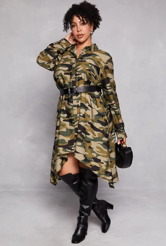 Plus Size Camo High Low Shirt Dress