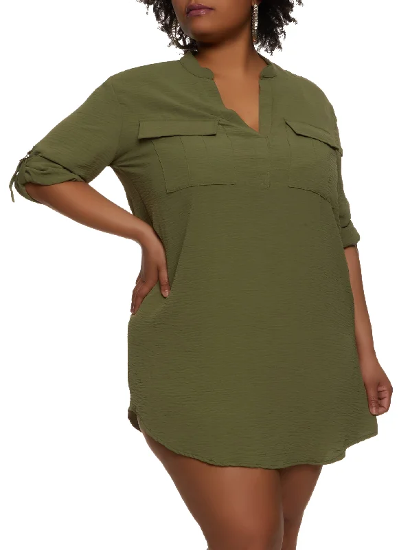 Plus Size Flap Pocket Tabbed Sleeve Shirt Dress