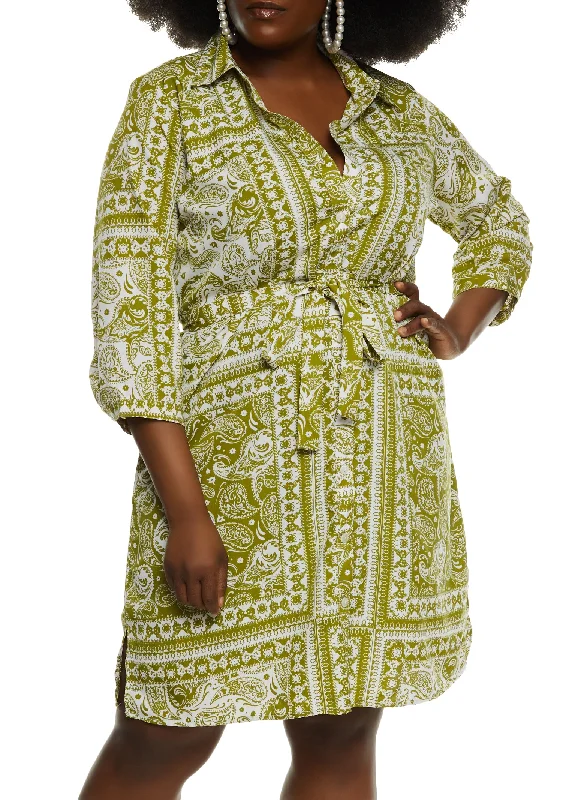 Plus Size Paisley Print Belted Shirt Dress