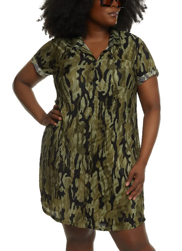 Plus Size Plisse Camo Button Front Shirt Dress