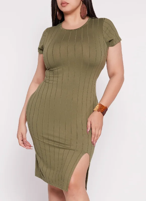 Plus Size Ribbed Knit Side Slit T Shirt Dress