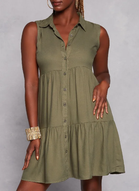 Sleeveless Tiered Button Front Shirt Dress