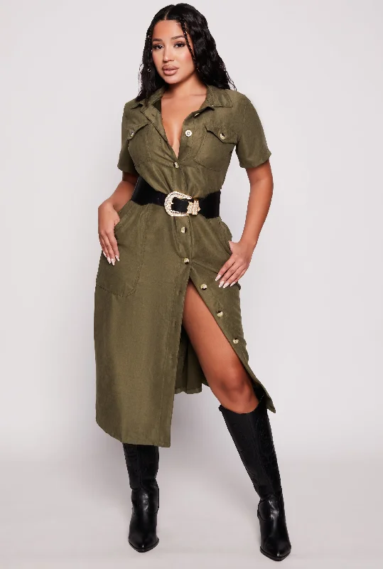 Tie Waist Belted Button Down Shirt Dress