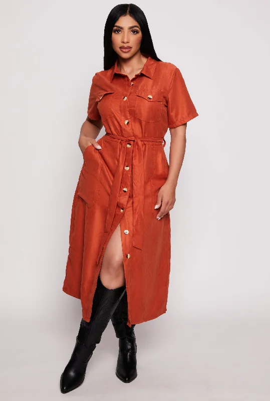 Tie Waist Belted Button Down Shirt Dress