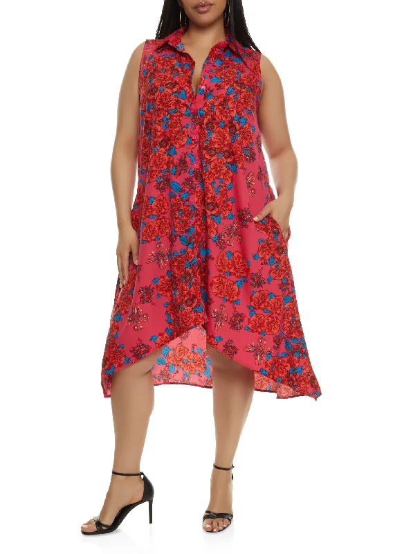 Plus Size Floral Print Sleeveless Button Front Shirt Dress