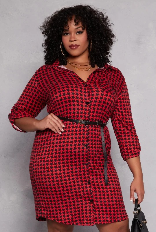 Plus Size Houndstooth Belted Shirt Dress